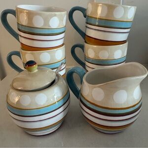 Colorful Striped Ceramic Mugs with Creamer and Sugar Set